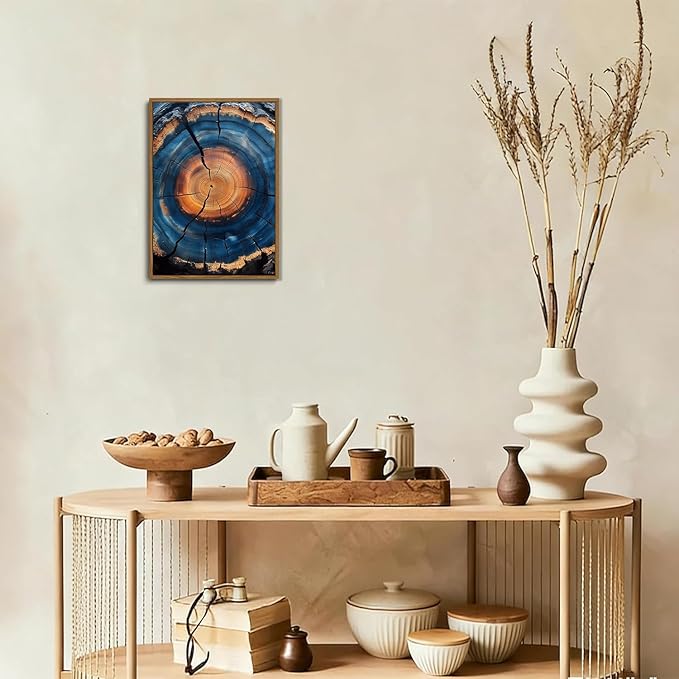 IBHJSART Framed Tree Ring Canvas Wall Art Blue Wall Art Wood Stump Painting Prints Modern Minimalist Pictures Neutral Nature Rustic Farmhouse Decor Living Room Bedroom Bathroom Office