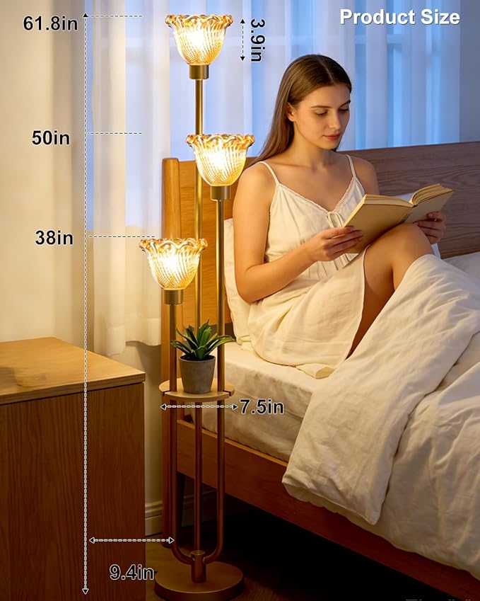 Lightdot Glass Floor Lamp for Living Room Gold with Amber Glass Shade & 3000K Bulbs Included 3-Lights Modern Tall Standing Lamp for Bedroom/Sofa Beside/Corner Decor