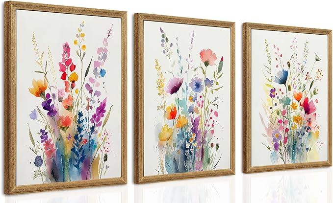 Watercolor Wildflower Wall Art Set Of 3, Colorful Floral Bouquet Wall Decor For Living Room Bedroom Kitchen, Art Prints With Wooden Frame 12x16 Inches Wood Framed Easy To Hang