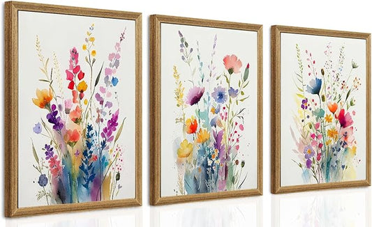 Watercolor Wildflower Wall Art Set Of 3, Colorful Floral Bouquet Wall Decor For Living Room Bedroom Kitchen, Art Prints With Wooden Frame 12x16 Inches Wood Framed Easy To Hang