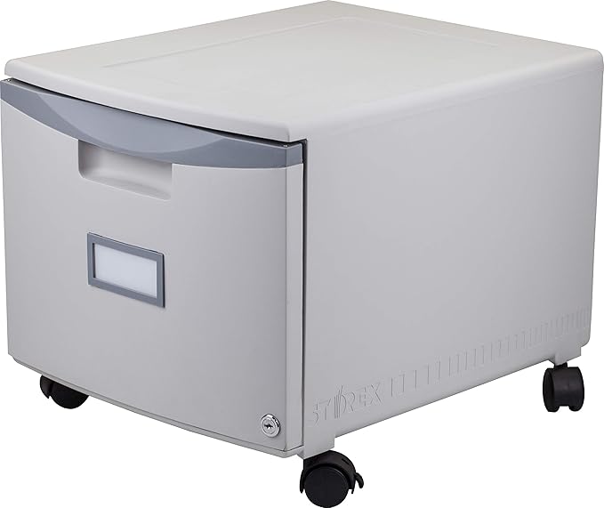Storex Plastic One-Drawer File Cabinet – Locking Document Organizer with Casters for Home and Office, Gray, 1-Pack (61263A01C)