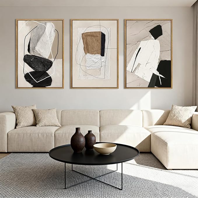 ANHUIB Large Abstract Wall Art Canvas,Black Beige Artwork,NeutralModern Framed Wall Art, Minimalist Geometric Painting,24x36 Inches Set of 3 for Living Room Bedroom