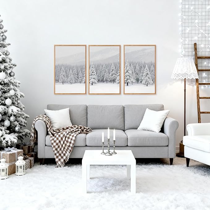 CHDITB Snowy Christmas Pine Trees Framed Canvas Wall Art(16"x24"), 3 Panels Winter Forest Landscape Artwork Prints, Large Neutral Abstract Nature Evergreen Snow Scene Xmas Gift Decor for Home Office Bedroom