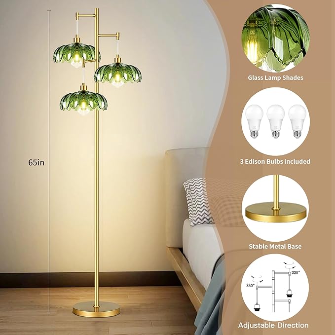 Gold Floor Lamps for Living Room Bedroom-3 Light Glass Floor Lamp with Three Led Bulb,Mid Century Standing Lamp Vintage Brass Tall Lamp Tree Floor Lamp for Bedroom Corner