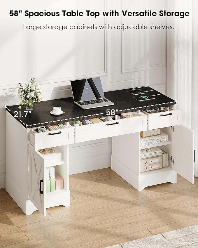 HOPUBUY Farmhouse Executive Desk with File Drawers,Wood Home Office Desk w/Charging Station,Adjustable Storage Cabinets,White Computer Writing Desk for Work,Study