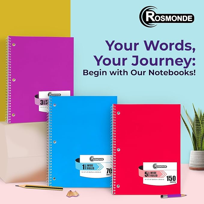 Rosmonde Spiral Notebooks, 24 Pack, 1 Subject Notebook, Wide Ruled, 70 Sheets, 8 x 10-1/2", 3 Hole Punched, Bulk Single Subject Spiral Notebook Bulk, School Supplies, Assorted Colors Pack of Notebooks