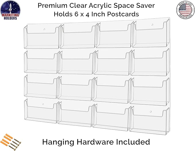 Marketing Holders Post Card Holder Acrylic 16 Pockets Holds 6" Printed Media Hanging Hardware Included Use at Real Estate Offices Hotels Resorts Convention Centers Hotels Eye Catching Clear