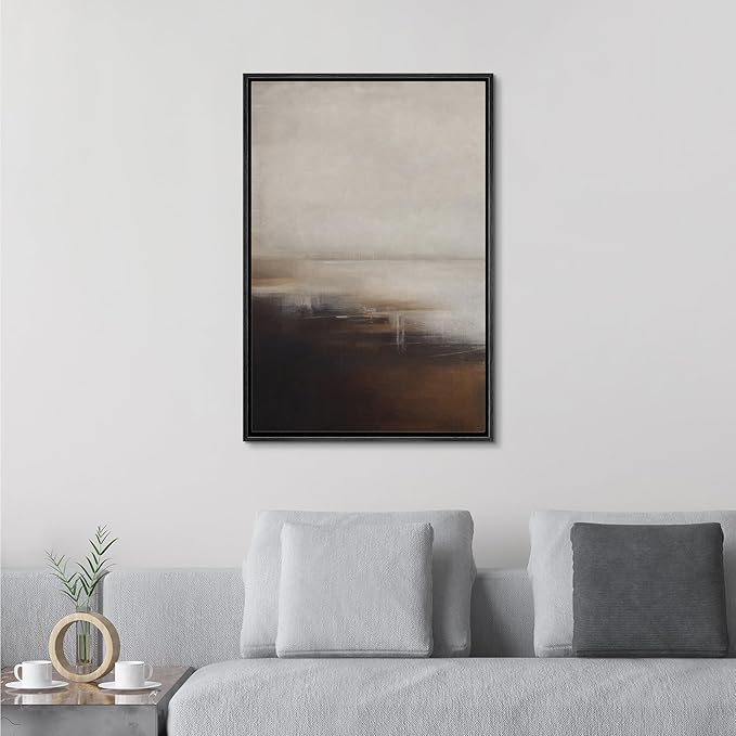 SIGNFORD Framed Canvas Print Wall Art Neutral Abstract Coastal Landscape Soft Brown and Beige Hues Illustrations Modern Art Decorative Relax/Calm for Living Room, Bedroom, Office - 24"x36" Black