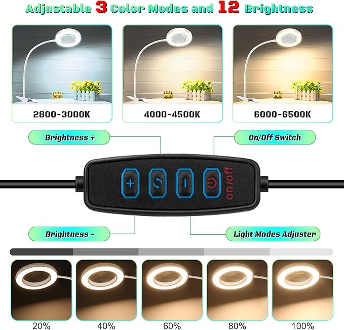 10X Magnifying Glass with Light, Clip on Mganifier with Light, 48 LED Desk Magnifying Glass wtih Clamp, 3 Modes Dimmable Magnifying LED Lamps for Bed Work Crafts DIY Repair White