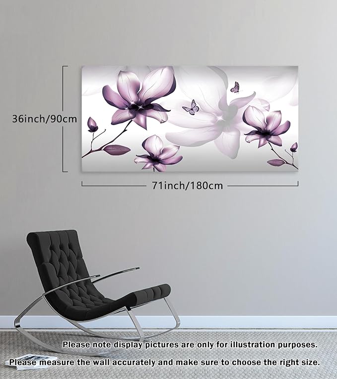 Muolunna BK06598 Purple Magnolia with Butterfly Flower Canvas Wall Art Picture 1 Panel 3D Wallpaper Modern Art Prints Painting for Bedroom Modern Office Wall Decor Artwork