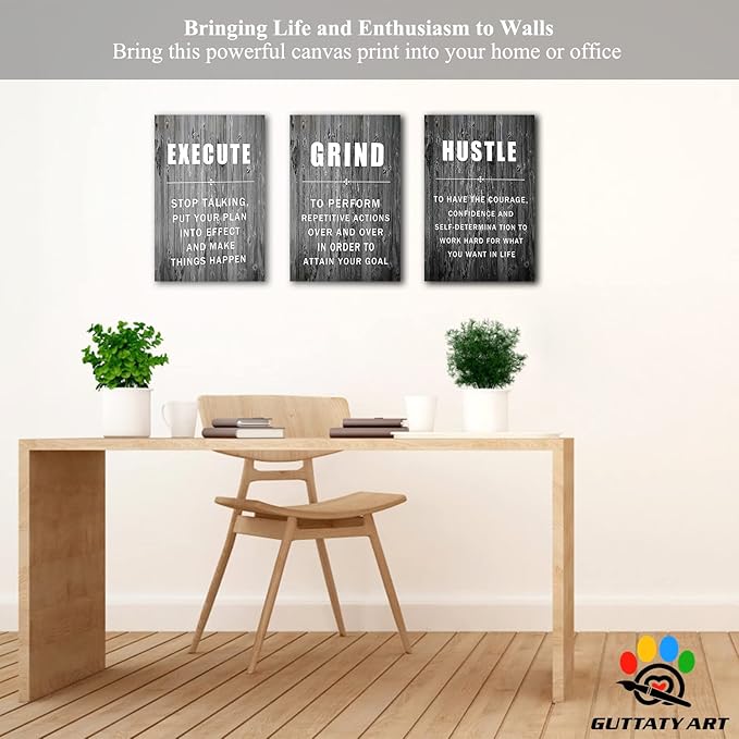 Office Wall Art - 3 Panel Motivational Wall Art, Inspirational Quotes Canvas Art for Home Office Wall Decor, Positive Quotes Wall Decor, Entrepreneur Grind Hustle Execution Poster Frame (12”x18”x3Pcs)