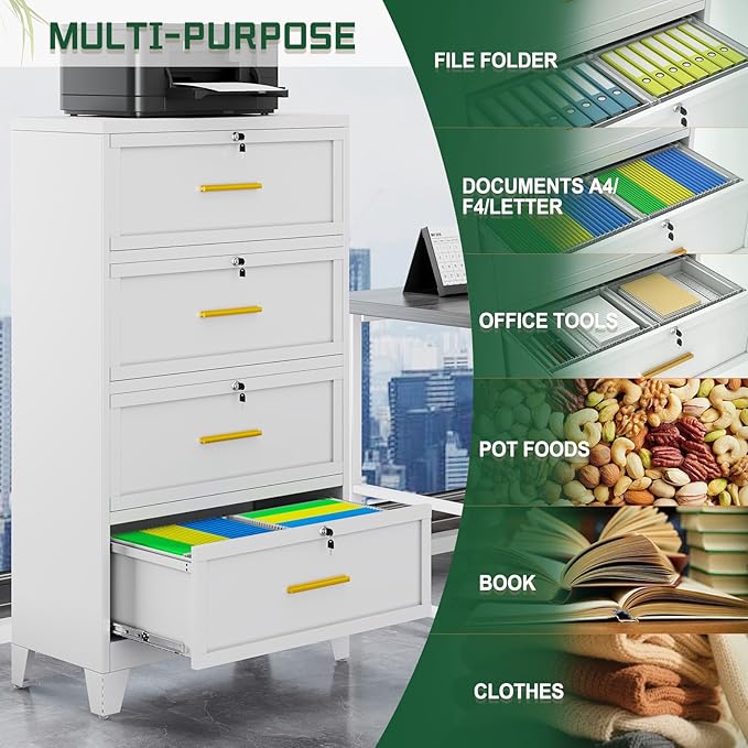 4 Drawer File Cabinet with Lock, Metal Lateral File Cabinets for Home Office, Steel Wide Filing Organization Storage Cabinets, Home Office Furniture for Hanging Files Letter/Legal/F4/A4 Size