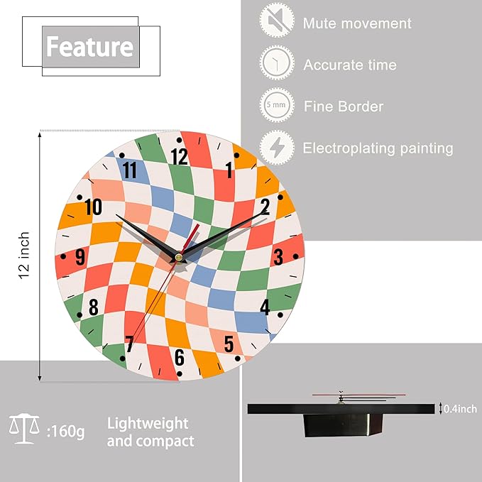 SPUNKER Clock for Bedroom,Colorful Checkered Wall Clock Battery Operated 10 Inch,Retro Wavy Round Clock Silent Non-Ticking Wall Decor for Farmhouse Office Home School Living Room Bedroom