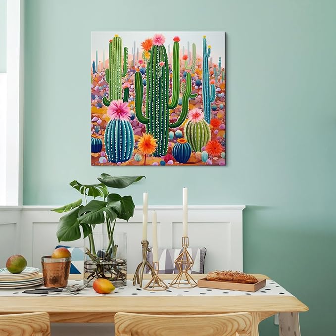Goldfoilart Botanical Wall Art Framed Canvas - Boho Tropical Plant Print with Cactus & Succulents Green Floral Nature Artwork 24x24 Inch Ready to Hang for Bathroom Living Room Office