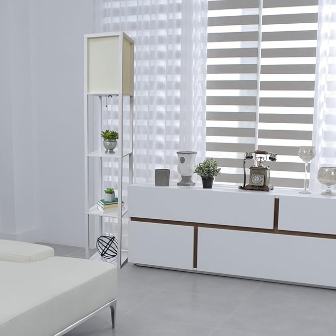 Simple Designs LF1014-WHT-LB Three Shelf Etagere Organizer Storage Floor Lamp with White Linen Shade for Living Room, Bedroom, Office, Hallway, White, with Feit LED Bulb Included