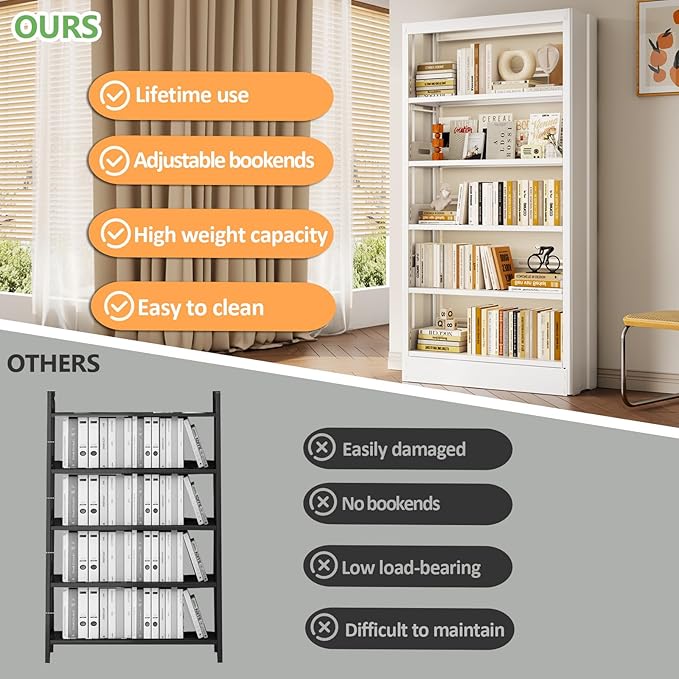 71 Tall Metal Bookshelf, White Bookcase Industrial, 5-Tier Bookshelf Storage with Adjustable Shelf, Modern Book Shelves Heavy Duty with Bookend for Home, Office, Library, Includes Book Stoppers