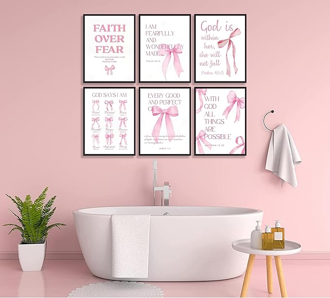 6Pcs Pink Christian Wall Art Inspirational Verse Posters Print Cute Coquette Bow Canvas Pictures for Girls Room Dorm Bathroom Bedroom Wall Decor 8x10In Unframed