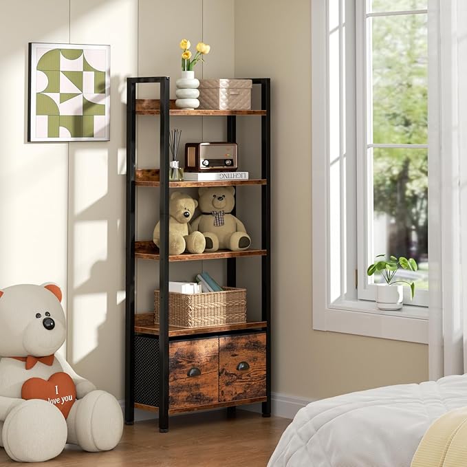 Furologee 5-Tier Bookshelf, Tall Bookcase with 2 Storage Drawers, Industrial Standing Storage Shelf, Wood Metal Display Rack for Living Room Bedroom Home Office, Rustic Brown