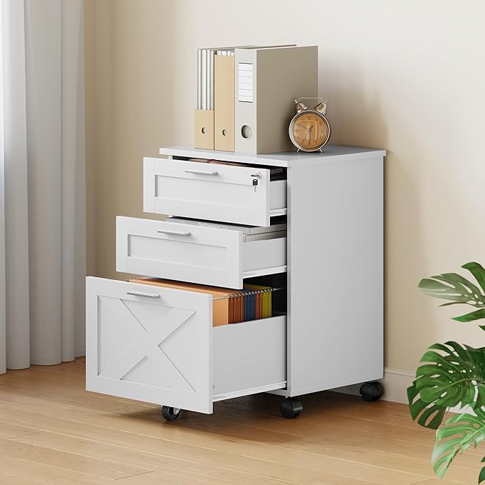 3-Drawer Rolling File Cabinet with Lock - Wooden Mobile Filing Cabinet for Home Office, Under Desk Storage Organizer fits Letter/A4/Legal Size, Sturdy Printer Stand with Locking Casters, White