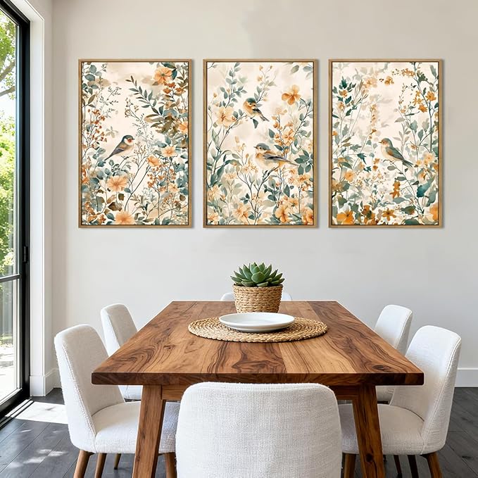 ANHUIB Large Neutral Floral Wall Art 16x24 Inch Beige Botanical Wall Decor Bird Painting Set of 3 for Living Room Bedroom Barhroom