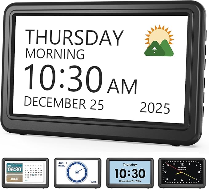 Clock with Day and Date for Elderly, 7" Large Display Digital Calendar Day Clock with 20 Custom Alarms and Medicine Reminders, Dimmable Dementia Alzheimers Clocks for Seniors, Black (Ac Powered)