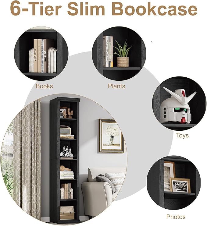 Rresyet Tall Narrow Bookcase, 6-Tier Bookshelf, Modern Open Display Storage Shelf for Living Room, Home Office, Bedroom, Black