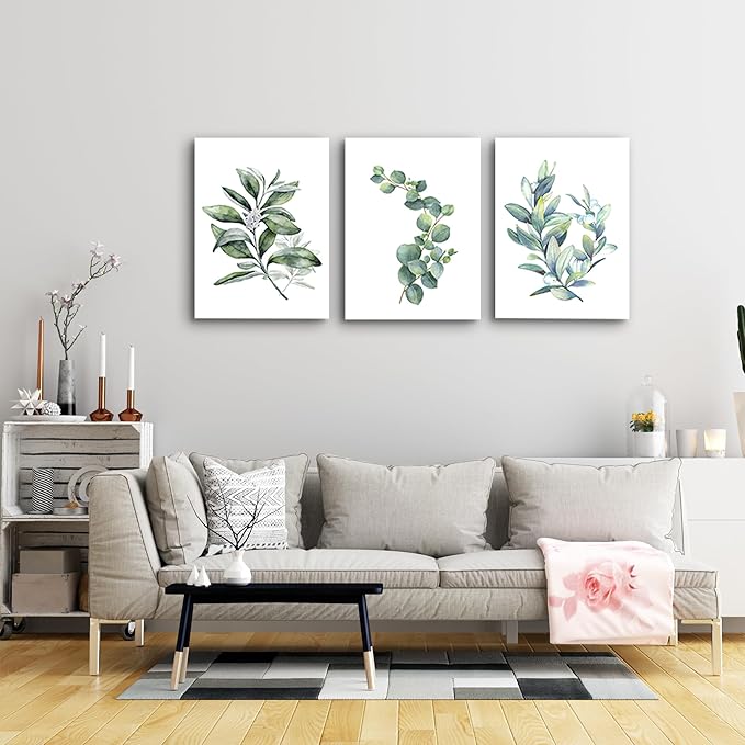Green leaves Plants Canvas Wall Art for Living Room modern Bathroom Wall Decor for Bedroom Kitchen Home Decorations 3 panel Watercolor painting Canvas Prints Posters Artwork office mural Art works