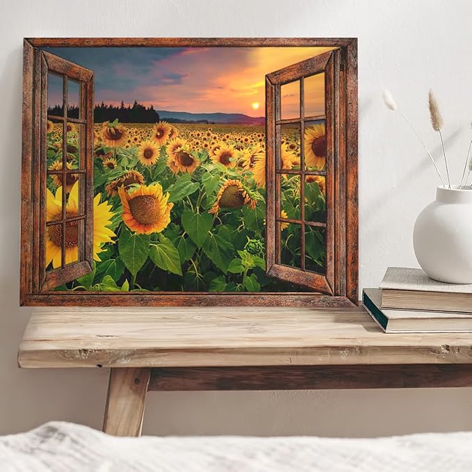 Parylore Sunflower Wall Art Canvas Print Wall Decor Sunflower Field Sunset Landscape On Wood Window Painting Framed Modern Artwork for Living Room Bedroom Bathroom Office Home Decor 12x16 In