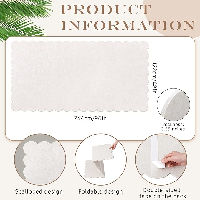 Scalloped Felt Bulletin Board 96 x 48 Inches Foldable Beige Pin Cork Board Alternative for Wall, 8' x 4' Trifold Picture Vision Self Adhesive Bulletin Decorative