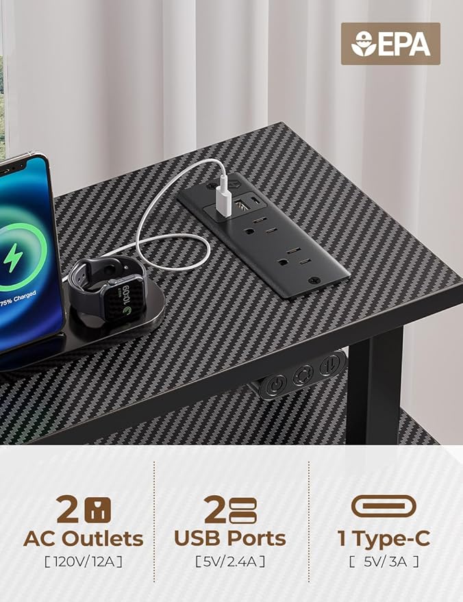 Rolanstar Computer Desk with Power Outlets & LED Light, 55 inch Home Office Desk with 3 Drawers and Storage Shelves, Writing Desk with Monitor Stand, Modern Work Desk for Home Office, Carbon Black