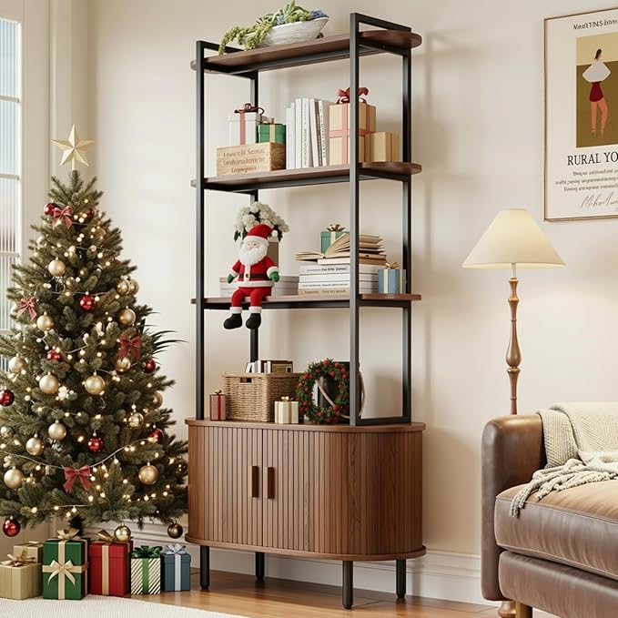 5 Tier Tall Bookshelf with Cabinet, Fluted Bookcase with Sliding Door, Metal and Wood Display Shelf, Free Standing Storage Shelving Unit, Corner Storage Organizer for Living Room, Home Office, Walnut