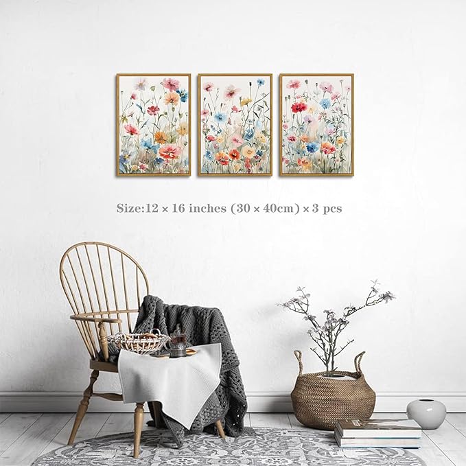 KISSFOX Colorful Wildflower Canvas Wall Art Set Of 3 Flowers Pictures Prints Flowers Printing Floral Watercolors Flower wall Decor Living Room Girls Bedroom Bathroom (Grey Blue, 12"x16" Natural Framed, Framed)