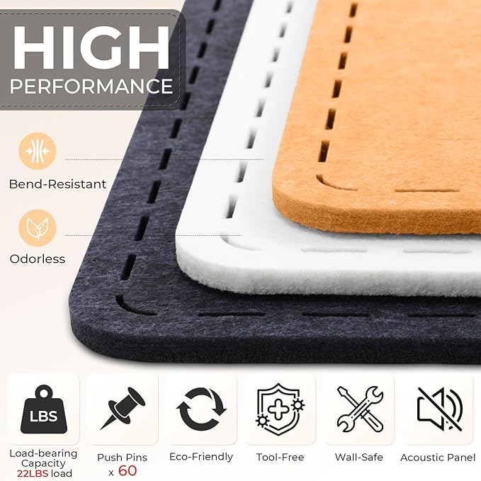 3 Pack Large Felt Bulletin Boards 24"/16"/7"x 16" Foldable Picture Vision Board for Office Wall Frameless Cork Board with 60 Push Pin for Home, Kitchen, Wall Pin Boards(Grey)