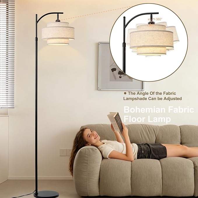 Arc Fabric Tall Floor Lamp with 3-Color Temperatures Remote & Dimmable 9W Bulb, Dimmable Floor Lamp with Remote Control, Standing Lamp with Fabric Shade for Living Room Bedroom Stair(3-Tier)