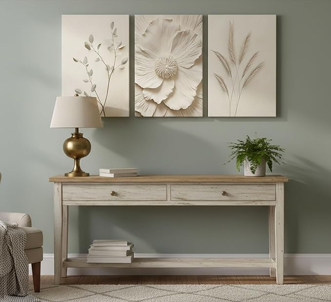 3Pcs Neutral Beige Floral Plant Canvas Wall art Textured Flower Botanical Painting Picture Wall Decor Vintage Blossom Poster Prints for Living Room Bedroom Bathroom Decoration