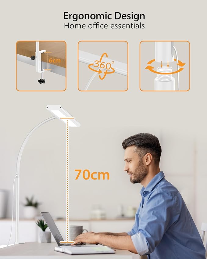Desk Lamp with Remote, Adjustable Brightness, Eye-Caring LED Light, Rotatable Head, USB with Adapter, Space-Saving Design for Office, Study, Reading, Work, and Home Desktop Illumination - White