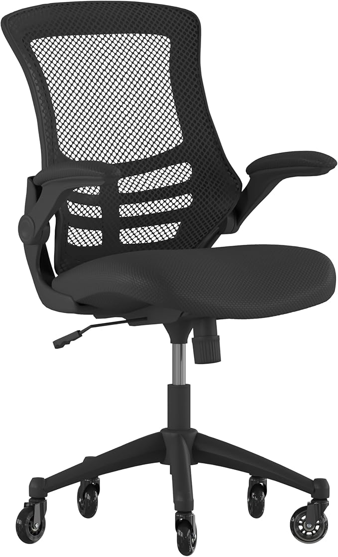 Flash Furniture Kelista Mid-Back Black Mesh Swivel Ergonomic Task Office Chair with Flip-Up Arms and Transparent Roller Wheels