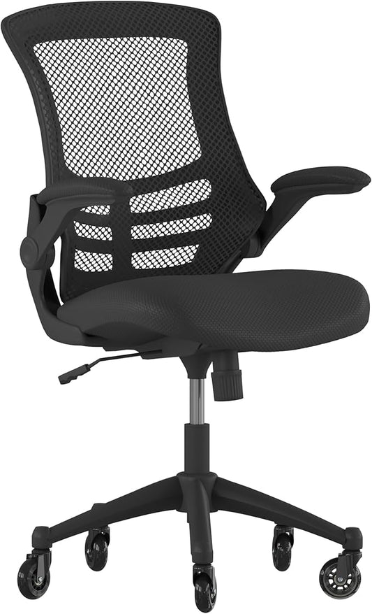 Flash Furniture Kelista Mid-Back Black Mesh Swivel Ergonomic Task Office Chair with Flip-Up Arms and Transparent Roller Wheels