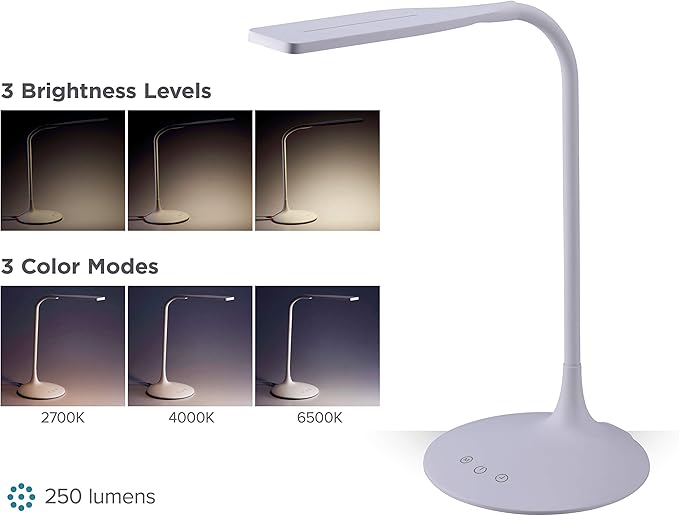 PureOptics LED VLED1819-BD Battery LED Desk Lamp, Dimmable with Adjustable Color Temperature, 4 Hour Battery Life, Rechargeable, Eco Friendly, White