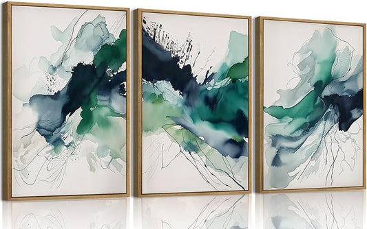 myusuar 3 Piece Large Abstract Framed Wall Art For Living Room, Smoke Texture Ink Emerald Green Canvas Wall Art Modern Minimalist Art Prints Wall Décor For Bedroom Office 24x36in