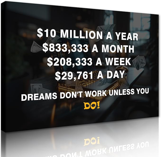 Inspirational Money Quote Canvas Wall Art Financial Breakdown "$10 Million a Year" Wall Decor Wealth Goal Print Artwork for Study Office Living Room Bedroom Decoration Easy to Hand 24x36inch