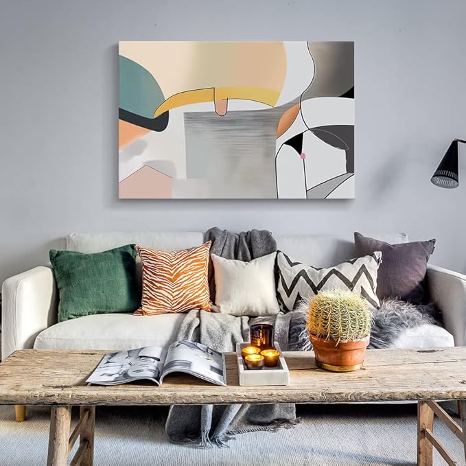 Wall Art Canvas Abstract Color Block Line Art Prints Apricot Cyan Black Grey Color Blocks and Lines Painting Modern Artwork Decor for Living Room Bedroom Kitchen 48x32in