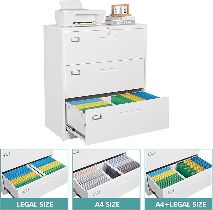 MIIIKO Lateral File Cabinet 3 Drawer, White Metal Filing Cabinet with Lock Lock for Home Office, Large Storage File Organizer for Hanging File Folders,Easy Assemble