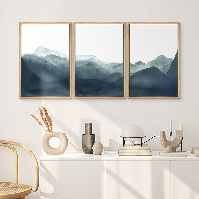 SIGNWIN Framed Canvas Print Wall Art Blue & Green Mountains in Fog Nature Wilderness Illustrations Modern Art Rustic Scenic Relax/Calm Cool for Living Room, Bedroom, Office - 24"x36"x3 Natural