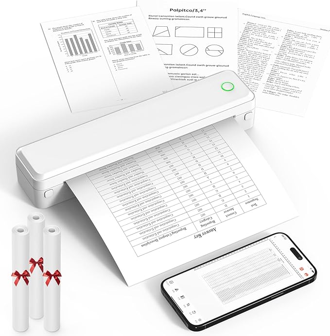 Bluetooth Thermal Printer, Portable Printer Wireless for Travel,Office&School, Includes 3 Rolls Paper – Supports US Letter,A4 Thermal Paper, Inkless Printing, Compatible with iOS,Android&Laptops