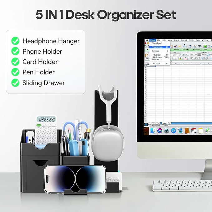 KDD Pen Organizer with Headphone Holder - Pencil Holder for Desk with Drawer and Card Holder - Multi-Functional Desk Organizer Set for Home Office Accessories Art Supplies