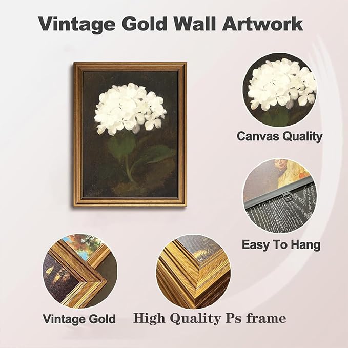 Gold Framed Wall Art Vintage Canvas Wall Art White Hydrangea Flower Floral Artwork Prints Picture for Living Room Bedroom Farmhouse Bathroom Office Decor, 16x24
