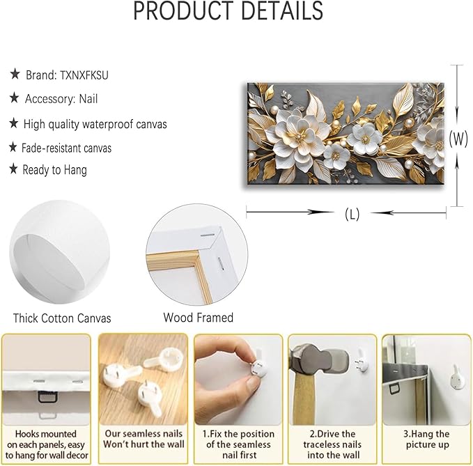 Large Living Floral Canvas Wall Art Gold White Plant Abstract Decor painting Pictures Modern Nordic Botanical Flowers Posters Prints for Bathroom Bedroom Office Hallway Home Decoration