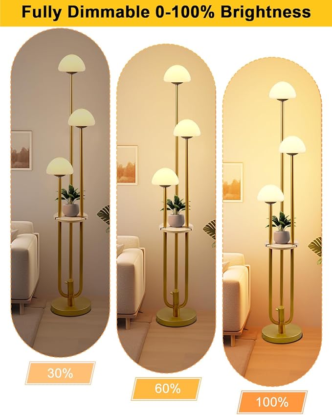 Gold Dimmable Floor Lamp with Table, Modern Floor Lamps for Living Room, 3000K Warm White Tall Standing Lamp with Mushroom Shades & Bulbs for Bedroom/Office