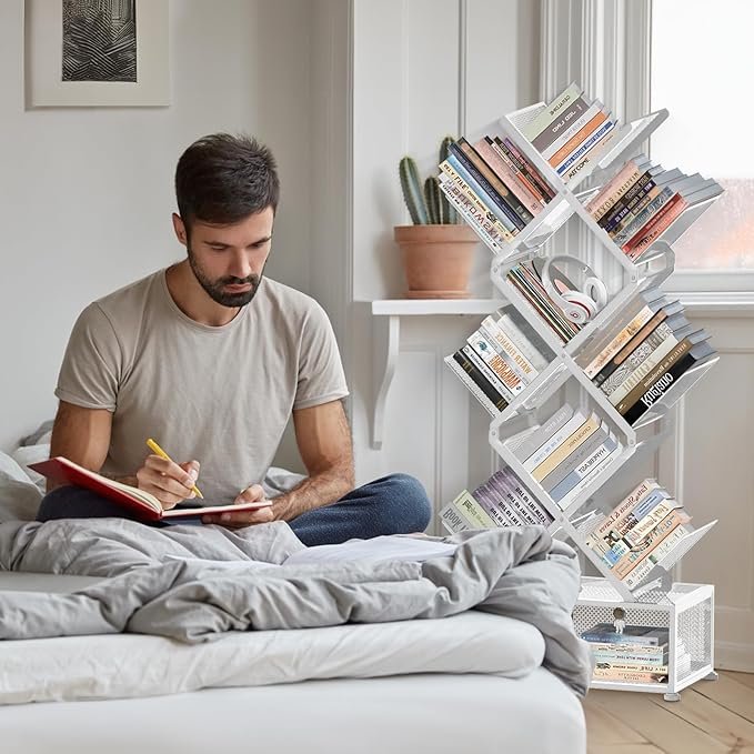 HI NINGER Tree Bookshelf,9 Tier Folding Bookshelf with Storage Cabinet, Tall Narrow Bookshelves Organizer,Bookcase Tower,Tall Floor Standing Book Organizer for Living Room/Bedroom/Home Office/Corner